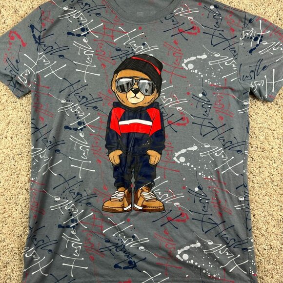 Launder by Bailey Apparel Gray Teddy Bear Shirt Paint Splatter Cool T Shirt Crew - Picture 1 of 7